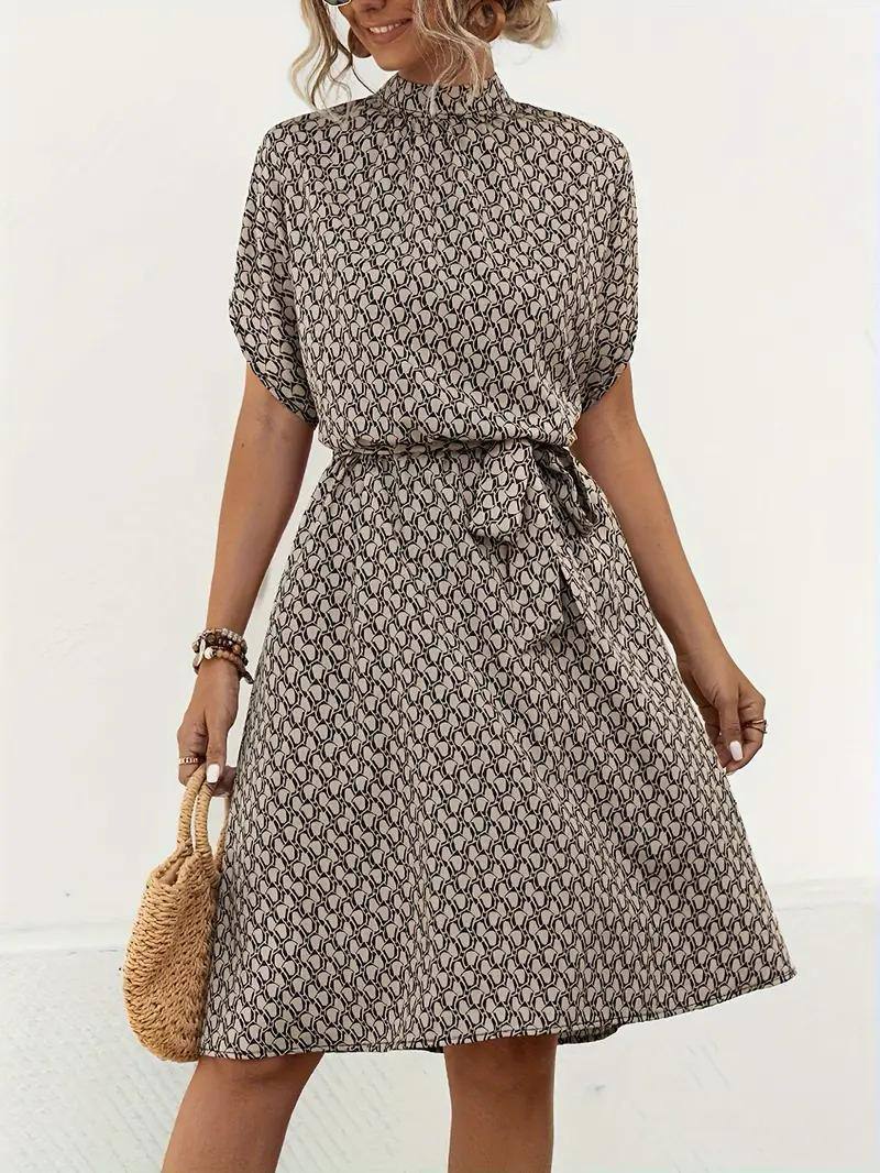 Elegant Short-Sleeve Midi Dress with Belt and Stand Collar