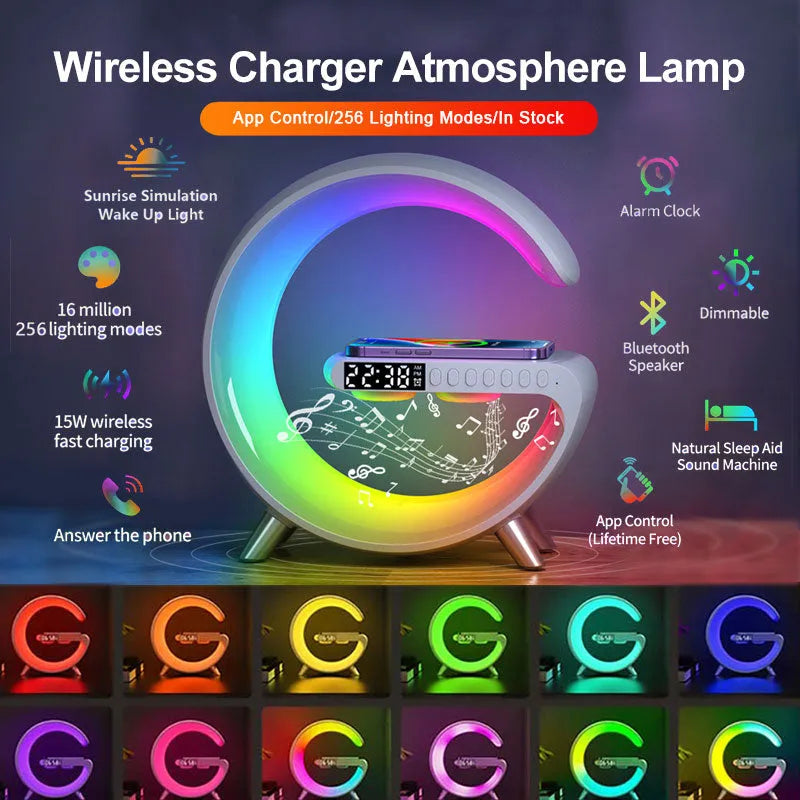 Smart G-Shaped LED Speaker Lamp with Wireless Charger